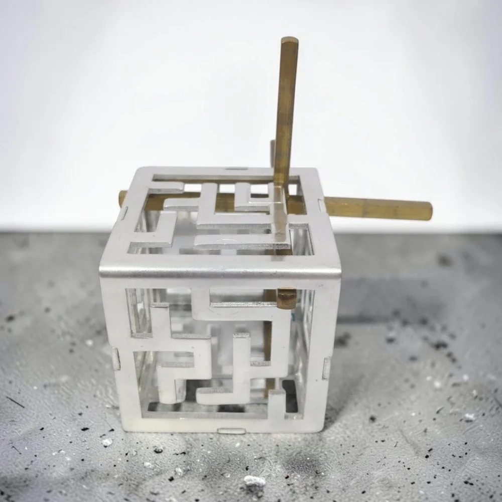 VTG Oskar's Maze Puzzle Oskar van Deventer Bits And Pieces Metal Cube Brass Rod